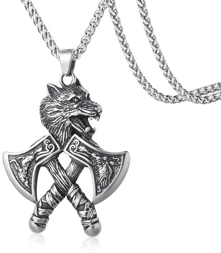 WESTMIAJW Mens Viking Necklace Norse Wolf Axe Pendant Necklaces Nordic Viking Amulet Jewellery for Men 60cm