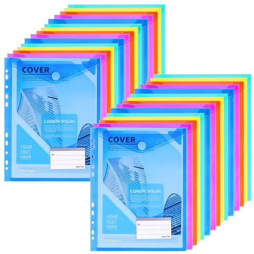 Donken Dokumentenmappe A4, 30 Stück Dokumententasche A4 Abheftbar, Mappen A4 mit 11 Lochrand Klettverschluss und Etikettentasche, Wasserdicht Sammelmappe für Dokumente Organisieren (5 Farben)