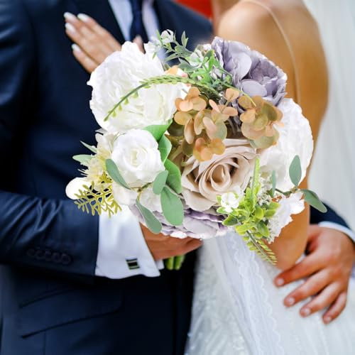M METERXITY Brautsträuße für die Braut, künstlicher Blumenstrauß für Hochzeit/Braut/Brautjungfer, mehrfarbige Brautsträuße mit Seidenband [Lila & Weiß]