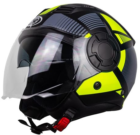 One by Camamoto | Casque Alfa 2.0 Jet/Demi-Jet pour Moto et Scooter, Noir Mat - Jaune Fluo, Double Visière, Homologué ECE R22-06, Taille L (59 cm)
