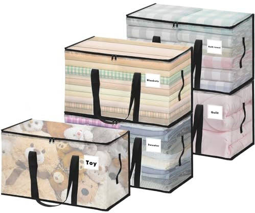 Vautvis 5 Piezas Bolsas Almacenaje Ropa, 100L Bolsas de Almacenamiento Impermeable, Cajas De Mudanza, Bolsas Almacenaje, Bolsas Con Asa Reforzada Para Guardar Ropa, Mantas, Edredones