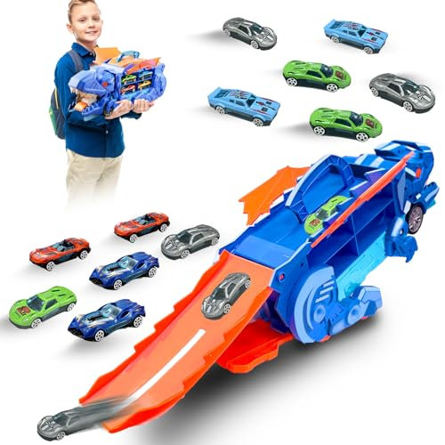 Felicify Autotransporter Spielzeug, Dino Transporter, Dinosaurier Transporter LKW mit 12 Auto Spielzeug, Tragbares Dinosaurier Truck, Auto Spielzeugs für Kinder (Blau)