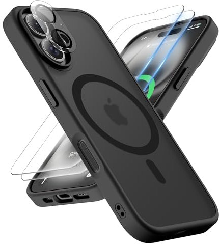 ORETECH iPhone 16 Plus Mattierte Durchscheinende Schutzhülle Mit 2 Schutzfolie und Kameraschutz, Mag-Safe Kompatibel, 6,7 Zoll Handyhülle in Schwarz