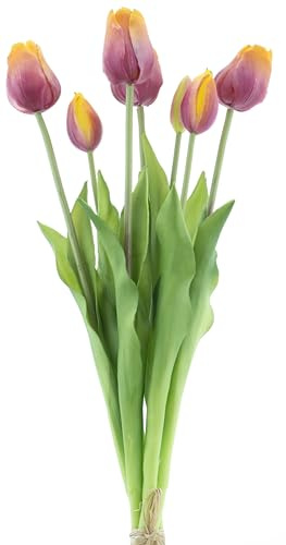 mucplants künstliche Tulpen Classic ca. 47cm Tulpenbündel mit 4 Tulpen und 3 Tulpenknospen real Touch (Gelb/Mauve)