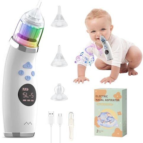 Bwaliffury Mouche Bébé Electrique, Aspirateur Nasal Bebe Électrique, 5 Niveaux D'Aspiration, Electrique Mouche Bebe avec LCD Écran,3 Embouts Silicone Sans BPA,avec Musique et Lumière pour Nouveaux-nés