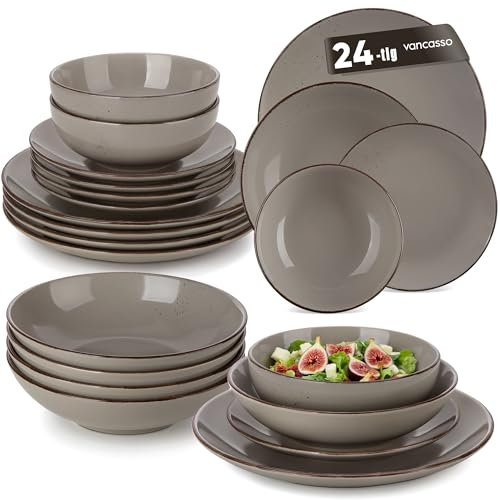 vancasso Navia 24-Piece Stoneware Dinner Set for 6, Vintage Look Grey Tableware Set with Dinner Plates, Side Plates, Soup Bowls & Cereal Bowls, Dishwasher & Microwave Safe