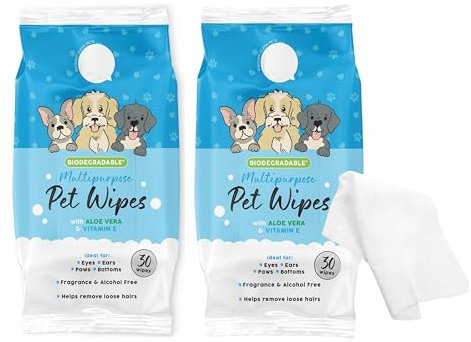Shop4allsorts 2 x Packs Of 30 Multipurpose Pet Wet Wipes With Aloe Vera Vitamin E - Cleaning Wipes For Cats & Dogs - Fragrance Free - All Over Pet Wipes.