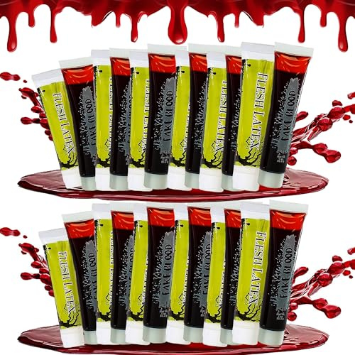 Wickedfun Fake Blood & Liquid Latex Set, Halloween Scary Make Up Special Effects Fancy Dress Horror Vampire Zombie Fake Scars SFX Make Up Kit Cosplay Mouth Clothes Dress Up, Pack Of 12