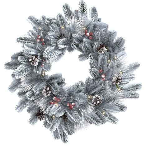 CHARLES BENTLEY Indoor Outdoor 60cm Pre-Lit Red Berry & Pinecone Snowy Wreath, Christmas, Warm White Micro LED Lights, Battery Operated With No Plug, Snow-Dusted Festive Door Decoration