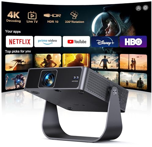 Mini Vidéoprojecteur 4K【Apps Officielles/Live TV/Rotation 330°】 Auto Focus/Keystone Projecteur Vidéo Portable 4K Courte Focale, HDR10, Mini Rétroprojecteur 1080P WiFi6 Bluetooth Home Cinéma/Extérieur