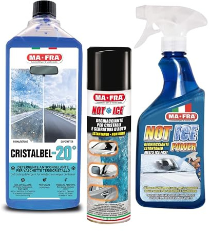 Ma-Fra Kit Antighiaccio e visibilità, Detergente Anticongelante 1L, Deghiacciante Liquido 500 ml, Deghiacciante Spray 300 ml, Ideale per Inverno e Parabrezza, Azione Anticalcare, Non Lascia Aloni