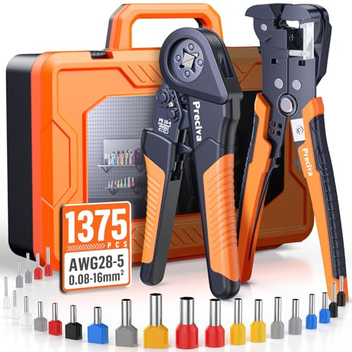 Preciva Quadrilateral Ratchet Crimping Tool Set with Wire Stripper & 1375pcs Terminals – 0.08‑16mm² (AWG28‑5) | Insulated & Non‑Insulated Cable Connectors | Portable Toolbox for Electrical Work