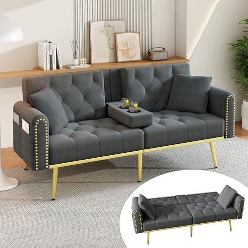 Merax 2-Sitzer ausklappbares Schlafsofa Couch mit Schlaffunktion, verstellbare Rückenlehne,2 Zierkissen,Faltbarer Getränkehalter,Seitentaschen, Velvet/Grau, 175 × 80 × 73,5 cm