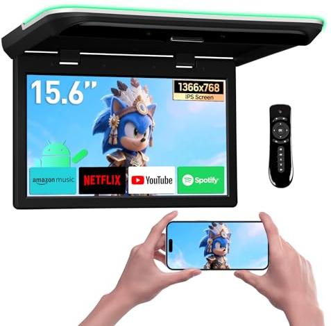 XTRONS 15,6 Zoll IPS Ausklappbar Android Auto Deckenmonito mit HD Eingang | Autodach Multimedia Player mit HD-Eingang Lautsprecher unterstützt WLAN Bluetooth Bildschirmspiegelung USB FM Transmitter