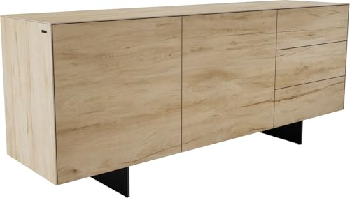 DELIFE Kommode Cuor Keramik Laminam® Sabbia Eichefarbig 180 cm 2 Türen 3 Schubfächer Fuß Schwebeoptik Metall Schwarz Sideboard