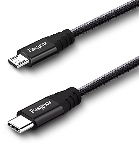 Fasgear USB C to Micro USB Cable [30cm] Nylon Braided Type C to Micro USB Cord Compatible with Galaxy S7/S7, HTC One/10 and More (Black, 1ft)
