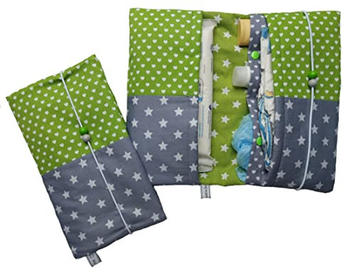 Wickeltasche Windeltasche graue Sterne und farbige Pünktchen Handmade by die-kreative-fee (hellgrau + Grün)