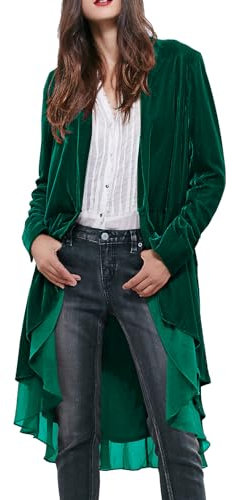 R.Vivimos Autumn Winter Women Velvet Ruffle Coat Casual Vintage Long Jacket Collarless Classic Swallowtail Hem Blazer(Large,Green)