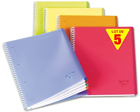Clairefontaine 328626C Collection Linicolor Fresh Lot de 5 Cahiers à Spirale - A4+ 22,5x29,7 cm - 160 Pages Détachables Petits Carreaux - Papier Blanc 90 g - Couverture Polypro - Couleurs Aléatoires