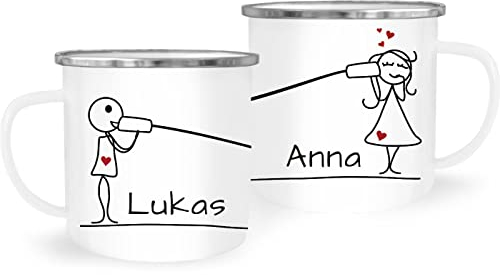 SpecialMe® Emaille-Tasse mit Namen Liebes-Paar Strichmännchen Motiv personalisierbar Liebesgeschenke Valentinstag Weihnachten (1 Tasse) Variante 4 weiß-metall Emailletasse