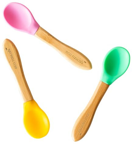 eco rascals Bamboo Baby Feeding Spoons Set of 3 - BPA Free for Baby Led Weaning, Soft on Gums & Easy to Clean, Perfect Hypoallergenic Gift for Babies & Toddlers (Spoons Pink Green Yellow)