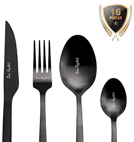 Ménagère Couverts Noirs Mats 16 Pièces Inox - Set Couvert de Table Design Bon Appétit Gravé - Coffret Cadeau pour 4 Personnes Acier Inoxydable - Zinello Design