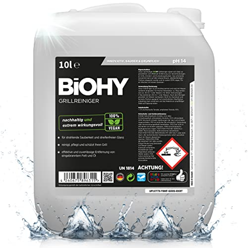 BiOHY Grillreiniger (10 Liter Kanister) | Reiniger für Holzkohle-, Gas- und Elektrogrill | Hocheffektiv gegen angebranntes Fett und Öl | Pflegt und schont das Material | Veganes Bio Konzentrat