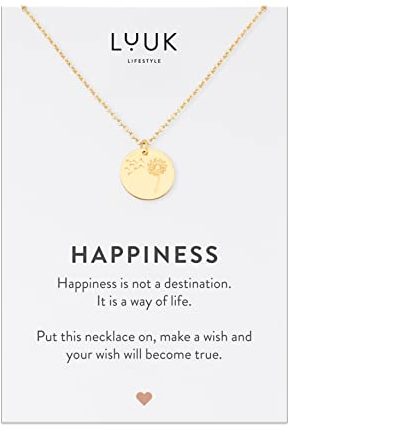 LUUK LIFESTYLE Collanina in acciaio inossidabile 50cm, con ciondolo a placchetta I fiore I soffione I dente di leone e dedica HAPPINESS, motivo natura zen, oro