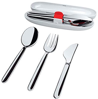Alessi, Food à porter SA04S3 G, Reisebesteck: Löffel, Gabel, Messer aus Edelstahl 18/10. Etui aus thermoplastischem Harz, grau.