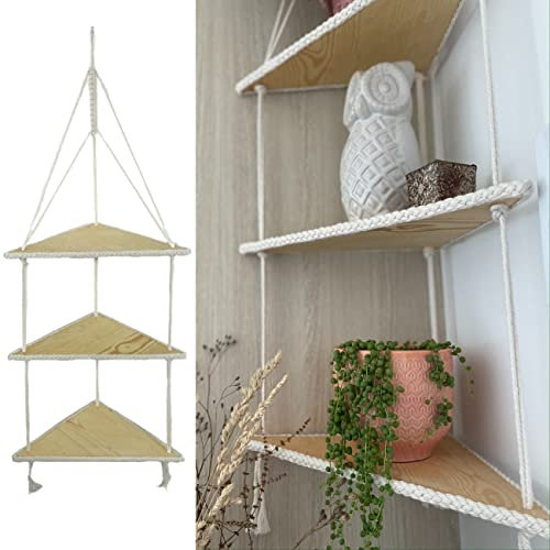 Generic Eck-Hängeregal Hängeregal Eckregal (Naturblondes Holz) - 3 Etagen, Boho-Stil, Dreieckig, Wandmontage, Versiegelt, Kiefernholz