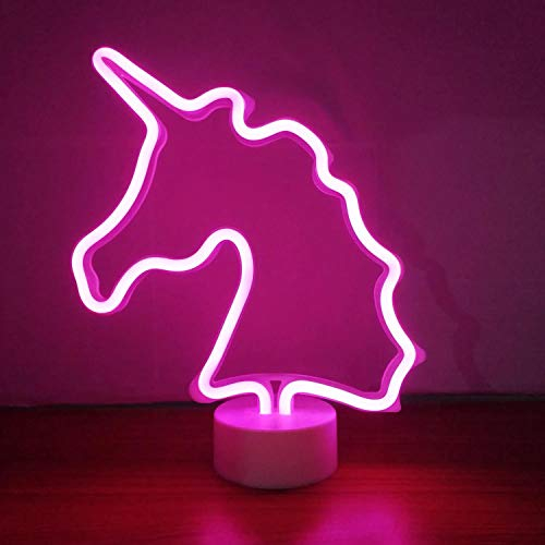Neonlicht Einhorn pink Nachtlicht mit Fuß Sockel NEON LED Licht batteriebetrieben Aufsteller Tischlampe Leuchtreklame Lampe Leuchte Dekoration Kinderzimmer, Schlafzimmer, Wohnzimmer, Party Weihnachten