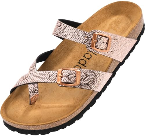 Palado Pantoletten Damen Cres Metallic - elegante Sandalen Made in Spain - bequeme Hausschuhe mit dämpfendem Kork-Fußbett - modische Sommerschuhe Pyth Rose UK7 - EU40