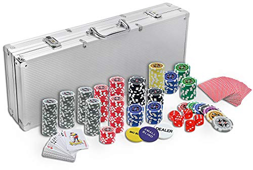 NAIZY Pokerkoffer 500 Chips Laser Pokerchips Set - Poker Set inkl. 2X Pokerdecks, 5X Würfel, Dealer/Small Blind/Big Blind Button Pokerset Alu Case, Silber Koffer