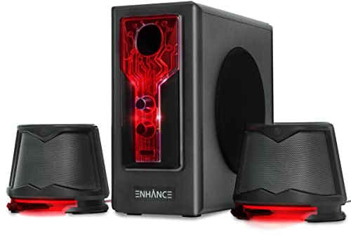 ENHANCE SB 2.1 Altoparlanti per Computer con Subwoofer - Casse Gaming con LED Rosso, Sistema Audio ad Alta Escursione, con Jack da 3.5mm, Controllo Volume e Bassi, Compatibili con PC Gaming, Laptop
