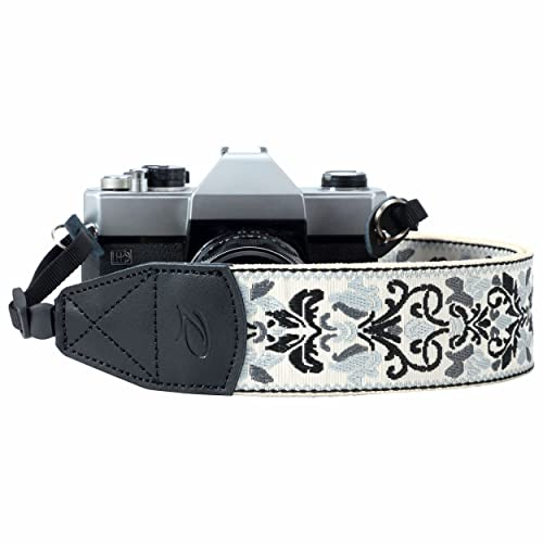 Kameragurt – 5,1 cm Retro-Jacquard-Stickerei Multi-Muster Kameragurte verstellbar, breiter Kamera-Nacken-/Schultergurt mit echtem Lederkopf für alle DSLR/SLR-Digitalkameras (edle graue Stickerei)