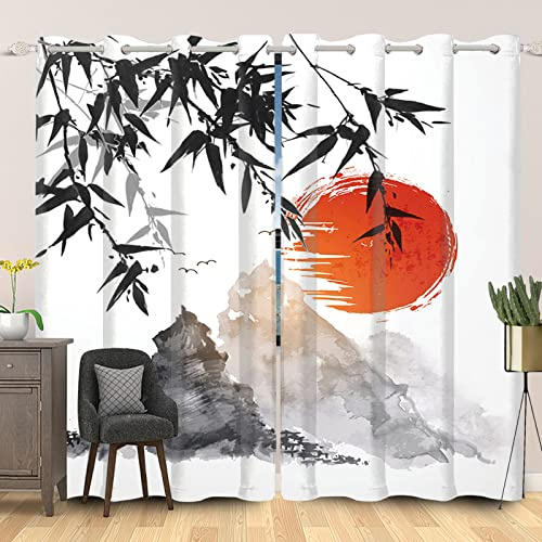 SDOTPMT 117x138cm Japonais Classique Encrer Peinture Rideau de fenêtre Mont Fuji Soleil Bambou Feuilles Rideaux fenêtre Oriental Rideaux Opaques pour Salon Chambre Rideaux occultants, 2 Panneaux