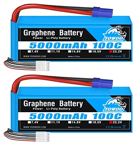 Yowoo Lot de 2 Batteries LiPo 6S 5000 mAh 100 C 22,2 V Graphène avec fiche EC5 pour RC DJI EDF Avion Quadcopter hélicoptère Voiture Camion Bateau Loisirs