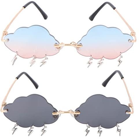 VALICLUD Wolke Sonnenbrille Randlose Vintage Sonnenbrille Lustige Brillen Disco Brille Blitz Quaste für Frauen Männer Getönte Brille Festival Sonnenbrille (2Pcs)