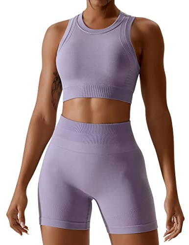 Gym Set Damen Zweiteiler Frauen Sport BH Oberteile Crop Tops+High Waist Shorts Workout Outfit Yoga Kleidung Sportanzug Sportkleidung Fitness Bekleidung Sportsachen Trainingsanzug Lila Shorts S