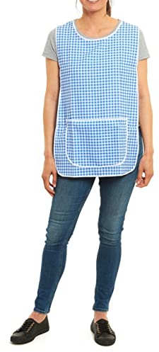 ER Direct Womens Home Work Kitchen Catering Cleaning Bar Plus Size Plain Printed Coloured Large Pocket Side Fastening Tabard Apron (Gingham-Blue, XL)