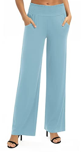EXCHIC Damen Leichtgewicht Elastisch Hohe Taille Hose Casual Weite Bein Dehnbar Lounge Hosen mit Taschen (XXL, Hellblau)