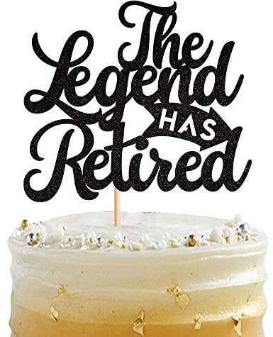 Xsstarmi 1 Packung The Legend Has Retired Cake Topper Glitzer Happy Retirement Kuchendekoration Goodbye Tension Hello Pension Cake Pick für Happy Retirement Abschied Party Dekoration Schwarz