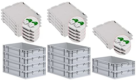 PROREGAL SuperSparSet 10x Eurobox NextGen Grip mit Scharnierdeckel und grünen Schiebeschnappverschlüssen, HxBxT 12x40x60cm, 23 L, Grau, Griffe geschlossen, Eurobehälter, Transportbox