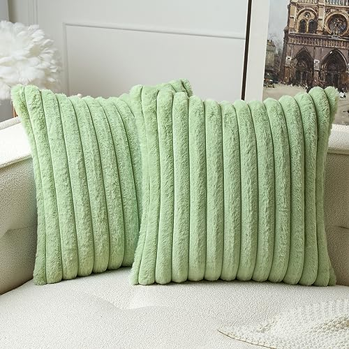 MIULEE Plüsch Samt Kissenbezug Kissenbezüge Kunstpelz weich Moderne Sofakissen Dekokissen Glatter Reißverschluss Waschbar Deko Kissenhülle für Wohnzimmer Schlafzimmer Sofa 2er Set 50x50 cm Hellgrün