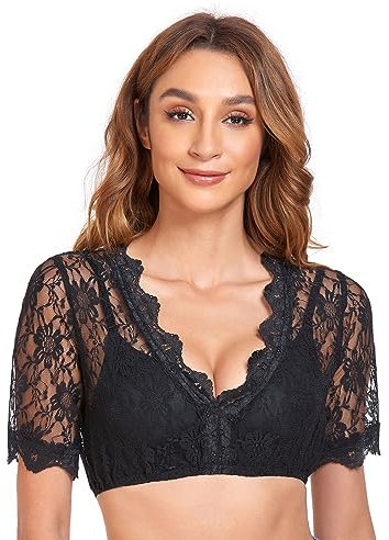 YUUGYD Trachten Damen Dirndlbluse Spitze - Schwarz Dirndl Damen Dirndlbluse Kurzarm Oktoberfest Dirndlblusen Halbarm Tracht Bluse - 0098# Schwarz - 34