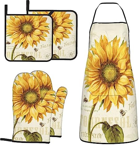 MIFSOIAVV Sunflowers Oven Mitts and Pot Holders Sets with Apron 5Pcs Heat Resistant Vintage Sunflower Bee Kitchen Mitten Gloves and Non-Slip Potholders Apron Sets Oven Gloves Hot Holders for Baking