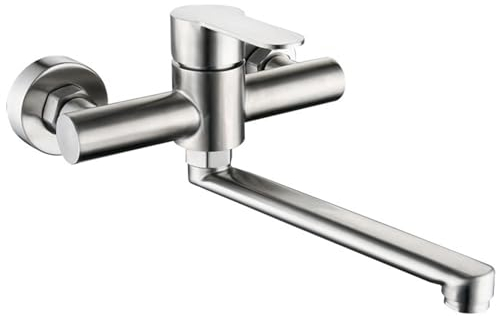 Wasserhahn Küche Wandmontage, 360° Drehbare Küchenarmatur Wandarmatur, Spültischarmatur mit Schwenkarm 25cm, Kalt und Heiß Mischbatterie Einhebelmischer für Küche, Bad, Waschbecken