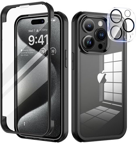 seacosmo for iPhone 15 Pro Max Case 6.7 Inch, Full-Body Shockproof Case with Built-in Glass Screen Protector and Camera Lens Protector Rubber Bumper Case Cover for iPhone 15 Pro Max 2023- Black/Clear