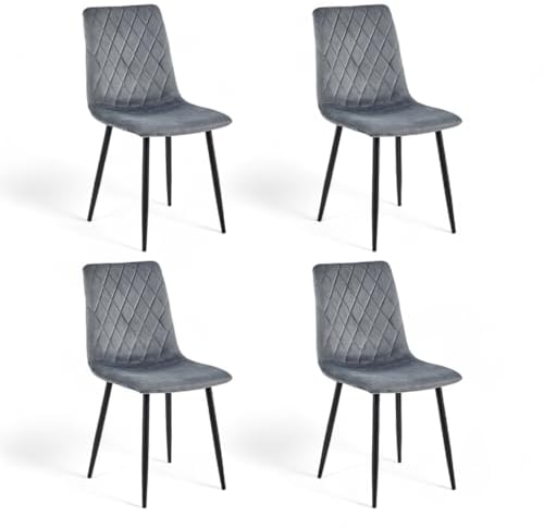 Esszimmerstühle 4er Set Grau – Samt Gepolstert mit Rautensteppung – Metallbeine Schwarz – Inkl. Handwischmopp Geschenk – Modern & Bequem für Küche & Wohnzimmer