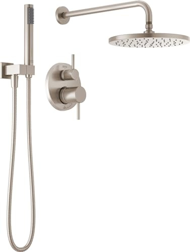 Delta Modernes Regenduschsystem mit 2 Einstellungen, rundes Duschsystem inklusive Regenduschkopf und Handbrause aus gebürstetem Nickel, Regenduschsystem aus gebürstetem Nickel, Spotshield Edelstahl